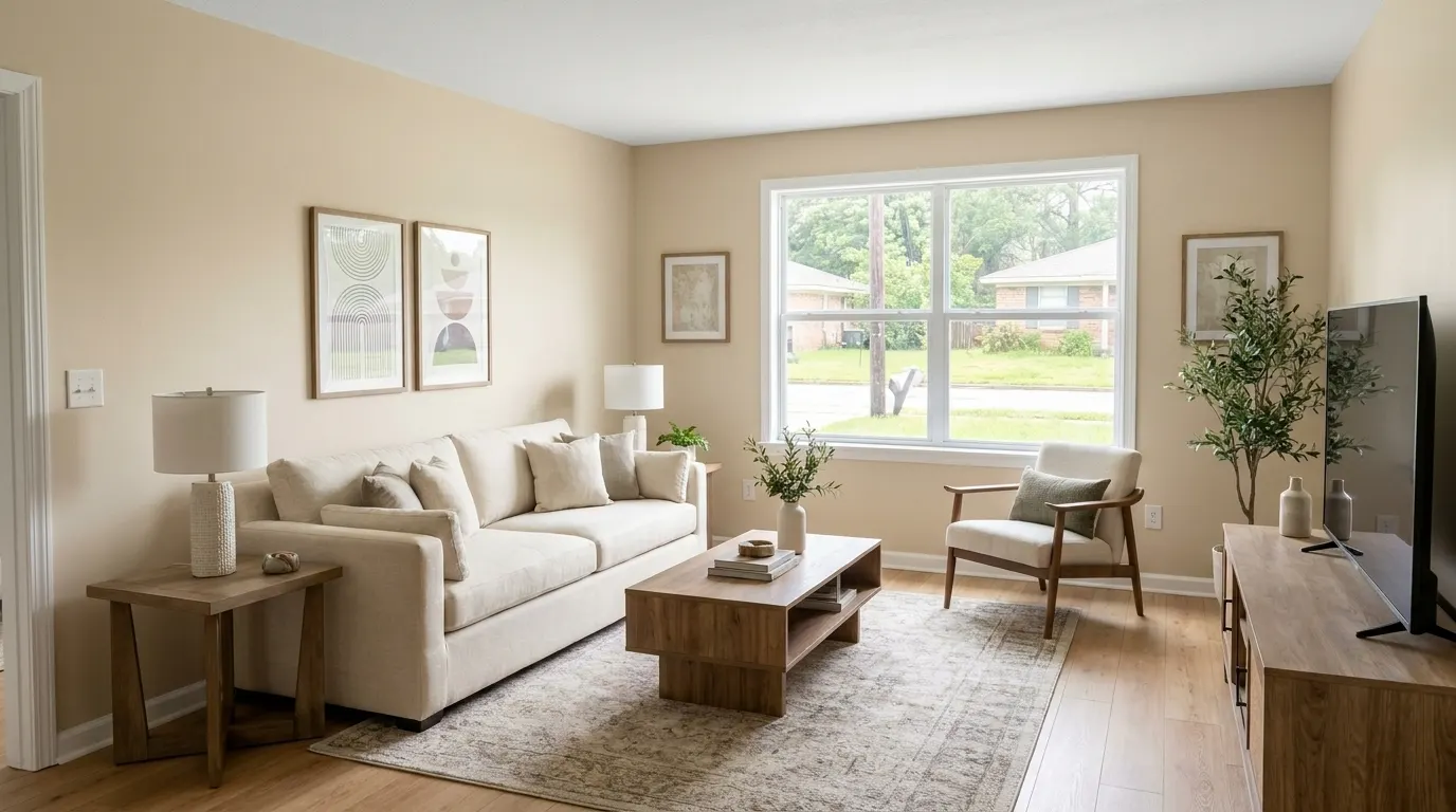 Same living room fully rebuilt and restored after fire damage