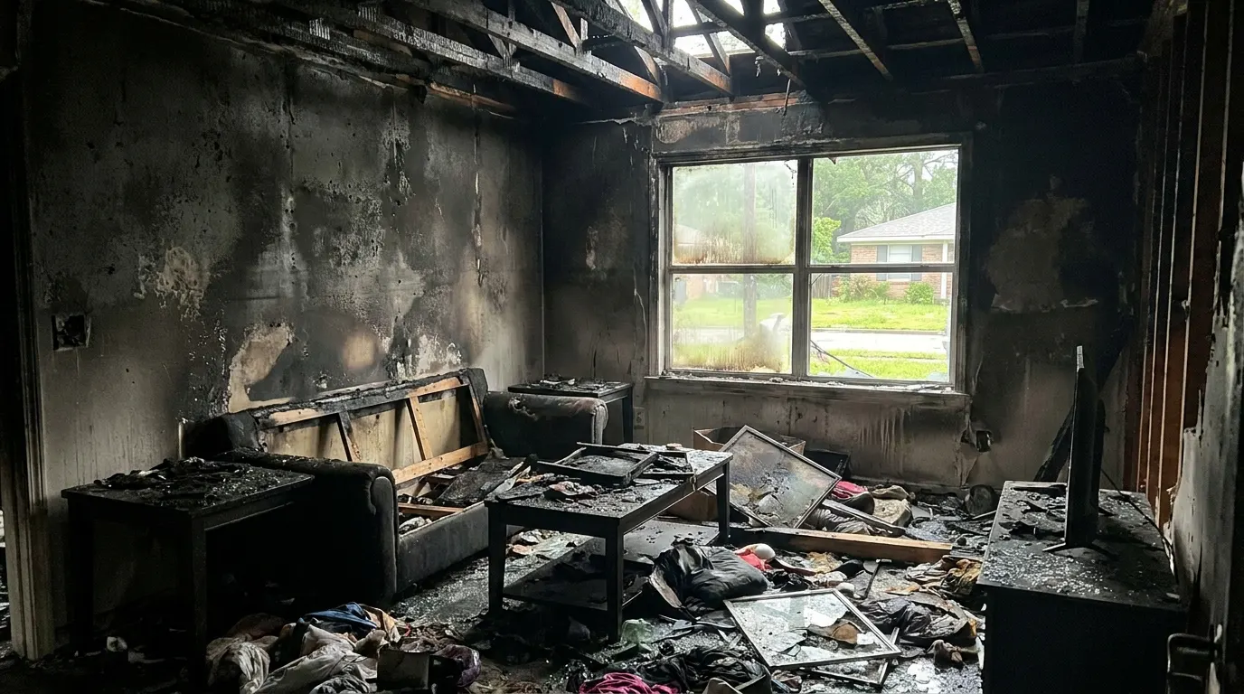 Living room with severe fire damage and charred walls before restoration
