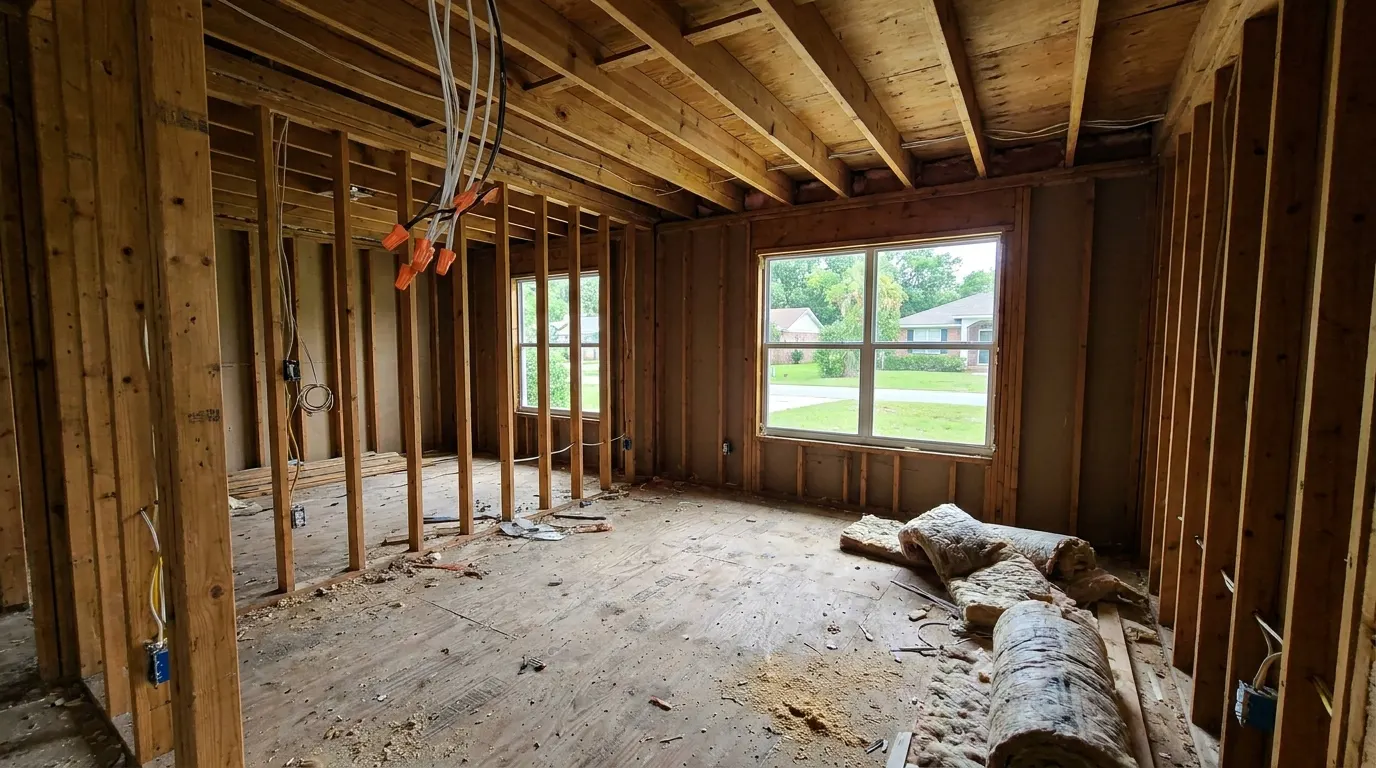 Room gutted to the studs before reconstruction
