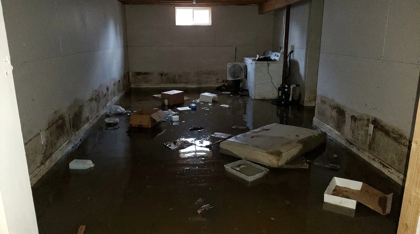 Basement flooded wall to wall by a sewage backup before cleanup