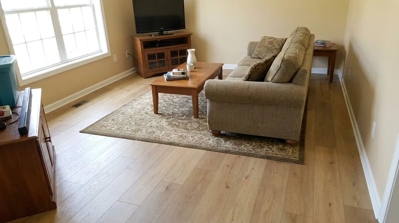 Same living room with new premium plank flooring and repaired walls after restoration